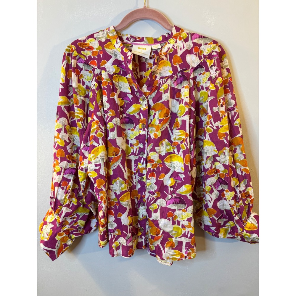 NEW Maeve Burgundy Mushroom Print Blouse M Balloon Sleeve
